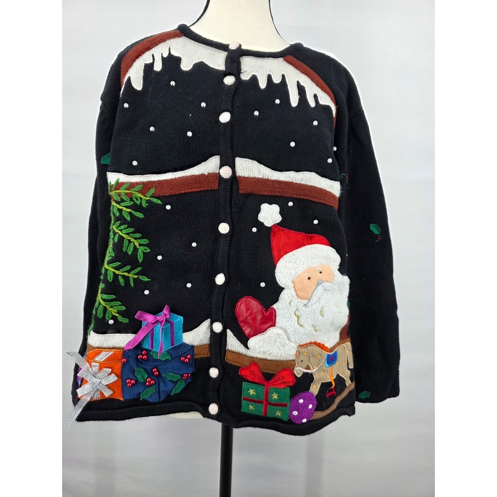 Hampshire Studio Snow Christmas Cardigan Santa Gifts Rocking Horse Black 2X